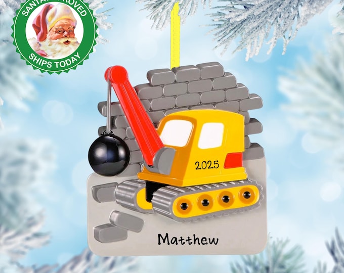 Crane with Wrecking Ball Personalized Ornament For Kids - Demolition Construction Truck Christmas For Boys - Construction Worker Name Gift