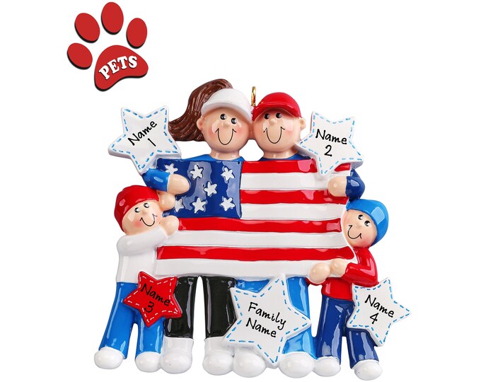 Patriotic Ornament - Military Family of 4 Ornament Holding American With Flag - Personalized Family of 4 Christmas Ornament - Add A Dog, Pet