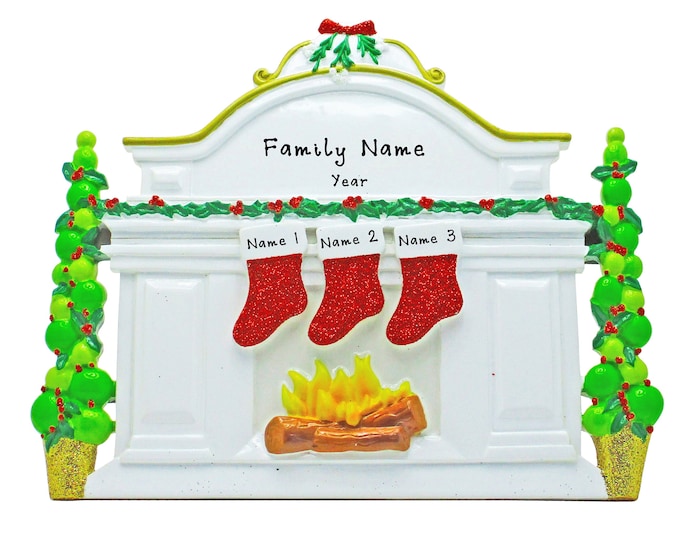 Family of 3 Christmas Stockings on Fireplace Mantle – Table Decoration – Grandkids Custom Christmas Ornament - Personalized Grandparent Gift