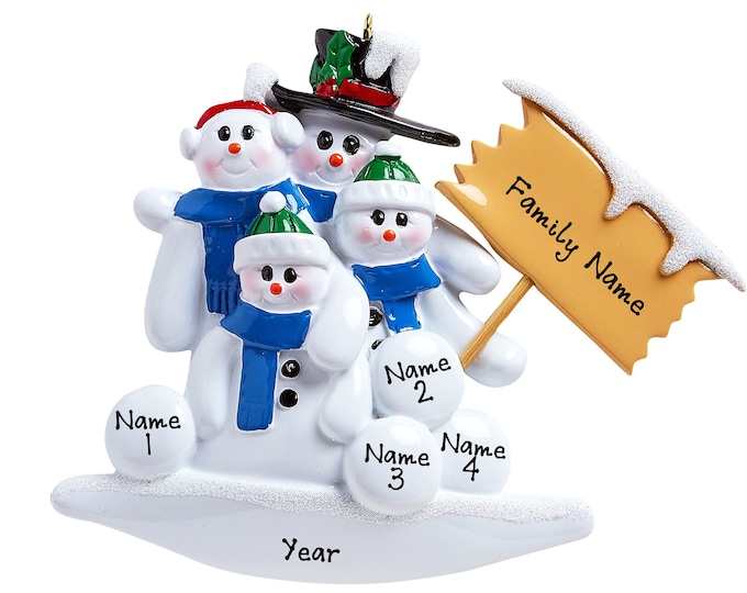 Snowman Family Ornament - Grandkids Christmas Ornament Personalized 2024 - Family of 4 Building Snowman, Personalized Gift For Grandparents