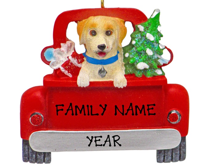 Yellow Labrador Dog Christmas Ornament - Labrador Puppy Dog In Red Pick Up Truck Ornament - Pet Lover - Personalized Christmas Dog Ornament