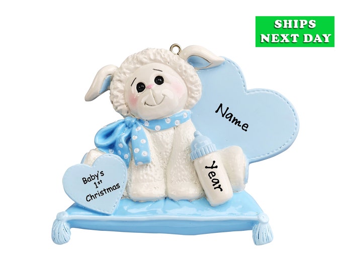 Baby Boy 1st Christmas - Baby Boy Lamb Personalized Ornament - 2023 Baby First Christmas - Baby Boy on Heart Ornament - New Baby Shower Gift