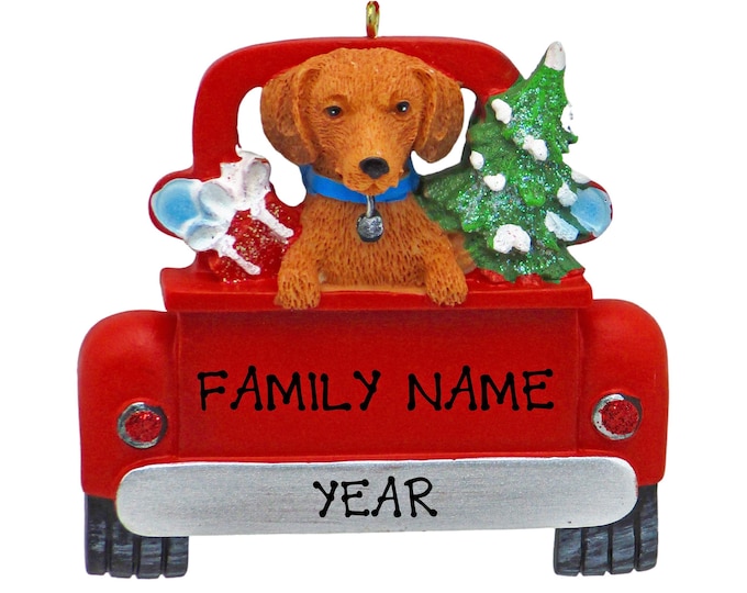 Dachshund Dog Christmas Ornament - Red Dachshund Puppy Dog In Red Pick Up Truck Ornament - Pet Lover - Personalized Christmas Dog Ornament