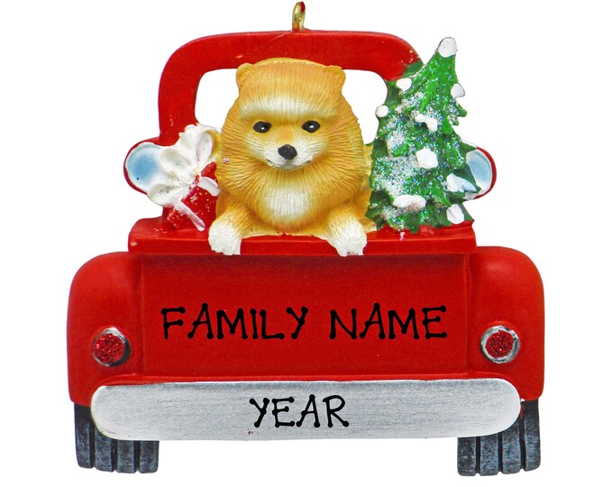 Pomeranian Dog Christmas Ornament - Pomeranian Puppy Dog In Red Pick Up Truck Ornament - Pet Lover - Personalized Christmas Dog Ornament