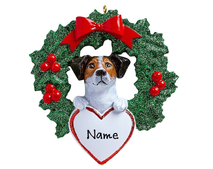 Jack Russell Christmas Ornament - Personalized Dog Lover Ornament - Jack Russell Puppy in Christmas Wreath - Custom Gift For New Pet Owners