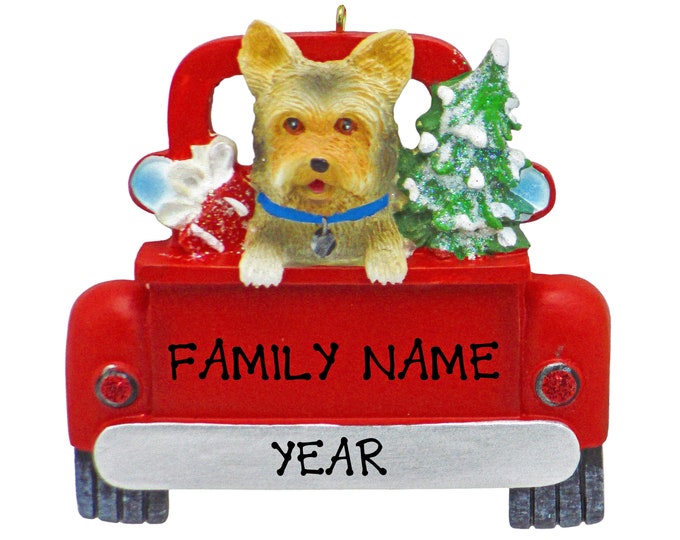 Yorkie Dog Christmas Ornament - Yorkshire Terrier Puppy - Dog In Red Pick Up Truck - Gift For Pet Lover, Personalized Christmas Dog Ornament