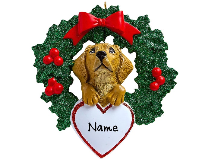 Yellow Labrador Christmas Ornament - Personalized Dog Lover Ornament - Yellow Lab Puppy in Christmas Wreath - Custom Gift For New Pet Owner
