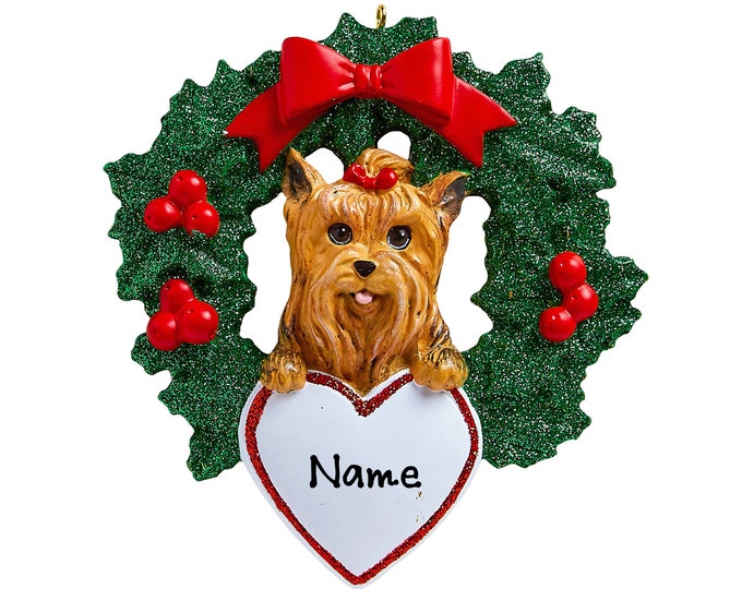 Yorkshire Terrier Christmas Ornament / Personalized Dog Lover Ornament / Yorkshire Terrier Puppy in Christmas Wreath / Gift For Pet Owners