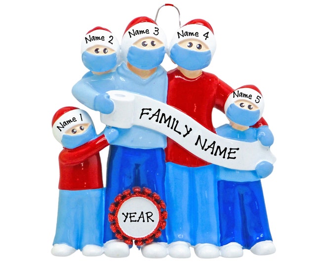 Mask Family Ornament - Family of 5 Ornament - Quarantine Ornament - Face Mask Ornament - Corona Christmas Ornament - Funny Covid Gift
