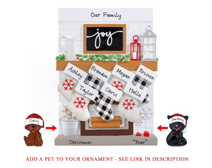Family of 7 Christmas Stockings on Fireplace Mantle - Custom Christmas Ornament For Large Family - Personalized Grandparent Gift, Add A Dog