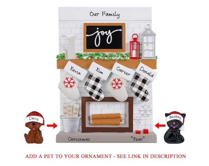 Family of 4 Christmas Stockings on Fireplace Mantle - Christmas Ornament For Large Family of Four - Personalized Grandparent Gift, Add A Dog