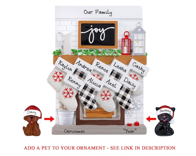 Family of 9 Christmas Stockings on Fireplace Mantle - Custom Christmas Ornament For Large Family - Personalized Grandparent Gift, Add A Dog