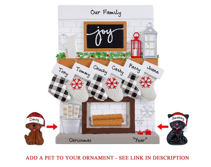Family of 6 Christmas Stockings on Fireplace Mantle - Custom Christmas Ornament For Large Family - Personalized Grandparent Gift, Add A Dog