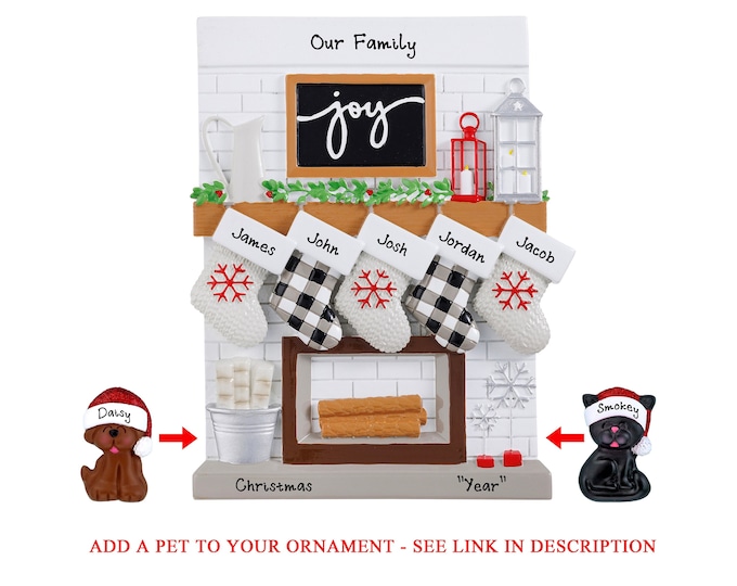 Family of 5 Christmas Stockings on Fireplace Mantle - Custom Christmas Ornament For Large Family - Personalized Grandparent Gift, Add A Dog