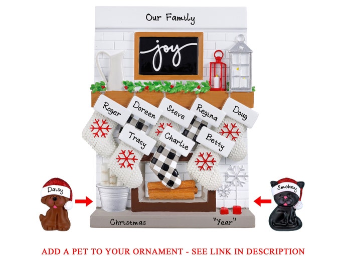 Family of 8 Christmas Stockings on Fireplace Mantle - Custom Christmas Ornament For Large Family - Personalized Grandparent Gift, Add A Dog