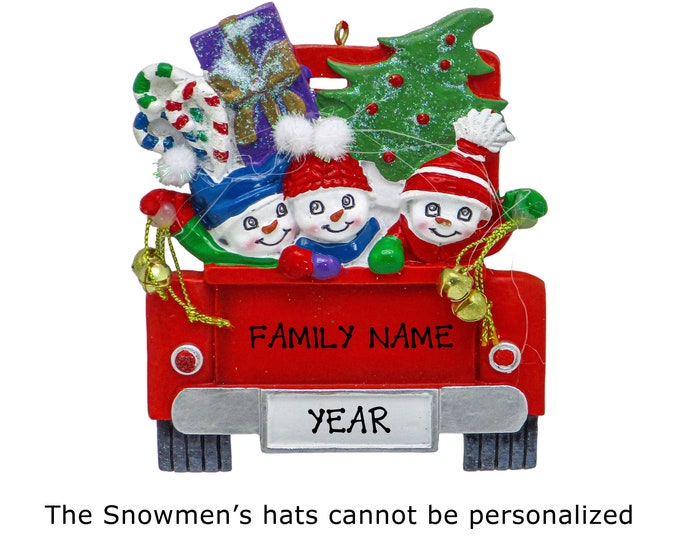 Snowman Ornament - Snowman Family of 3 In Red Pickup Truck Christmas Ornament - Snowman Family Personalized Christmas Ornament - 3 Grandkids