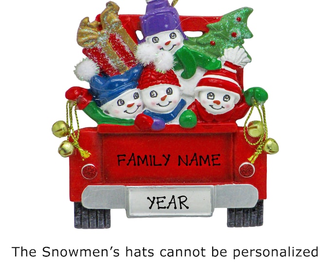 Snowman Ornament - Snowman Family of 4 In Red Pickup Truck Christmas Ornament - Snowman Family Personalized Christmas Ornament - 4 Grandkids