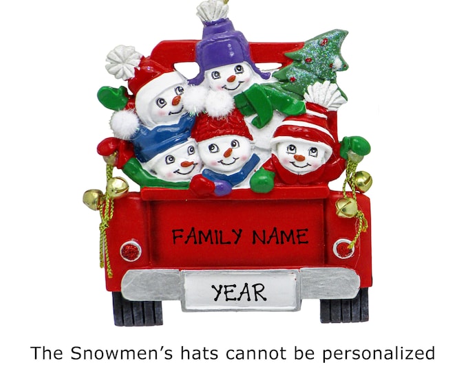 Snowman Ornament - Snowman Family of 5 In Red Pickup Truck Christmas Ornament - Snowman Family Personalized Christmas Ornament - 5 Grandkids