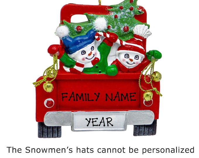 Snowman Couple Ornament - Snowman Family of 2 Ornament, Red Pickup Truck Ornament, Couple Christmas Ornament, Personalized Christmas Gift