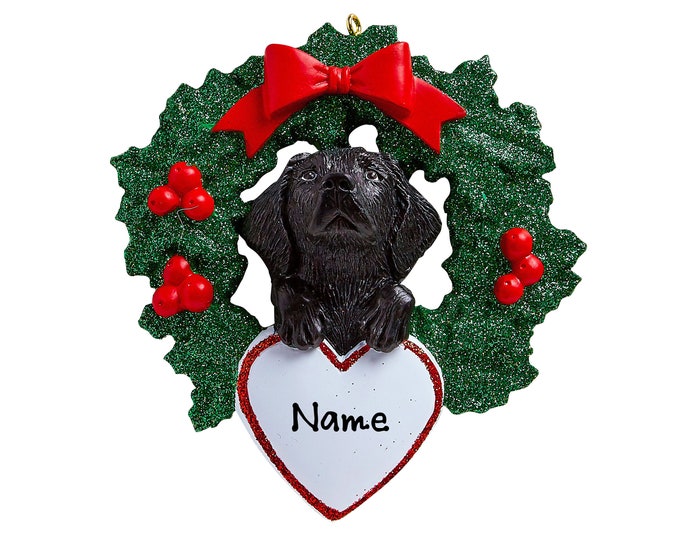 Black Labrador Christmas Ornament - Personalized Dog Lover Ornament - Black Lab Puppy in Christmas Wreath - Custom Gift For New Pet Owners