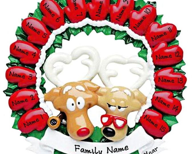 Personalized Family of 15 Christmas Ornament - Mitten Wreath Family Ornament - Personalized Family Christmas Ornament For Grandparent Gift