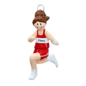 May include: A personalized Christmas ornament of a runner in a red and white uniform. The ornament has a brown hair and a smiling face. The text "Name" is printed on the ornament.