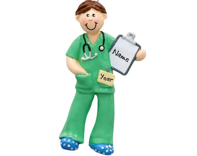 Personalized Nurse Christmas Ornament - Gift For Doctor - Male Nurse Ornament - Green Scrubs Uniform - Healthcare Worker Appreciation Gift