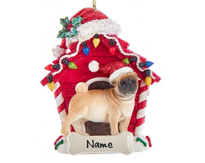 White Pug Dog Ornament - Custom Doghouse Ornament - Dog Memorial Gift For Pet Loss - 2025 Personalized Family Dog Christmas Ornament
