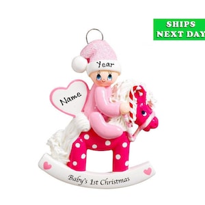 2025 Baby&#39;s First Christmas Ornament - Baby Girl Pink Rocking Horse Ornament - Baby&#39;s 1st Christmas Ornament, Custom Baby Name Ornament Gift