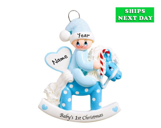 2025 Baby's First Christmas Ornament - Baby Boy Blue Rocking Horse Ornament - Baby's 1st Christmas Ornament - Custom Baby Name Ornament Gift