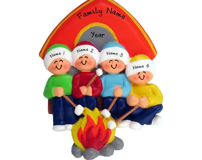 Personalized Camping Family of 4 Christmas Ornament - Camping at Lake - Custom Family Vacation Ornament With Name - 2025 Family Reunion Trip