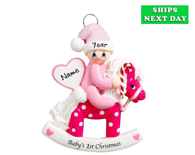 2025 Baby's First Christmas Ornament - Baby Girl Pink Rocking Horse Ornament - Baby's 1st Christmas Ornament, Custom Baby Name Ornament Gift