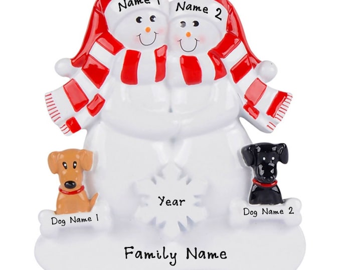 Personalized Couple with 2 Dogs Ornament - Snowman Family With 2 Dogs First Christmas Ornament, Dog Ornament With Pets Name, New Dog Parents
