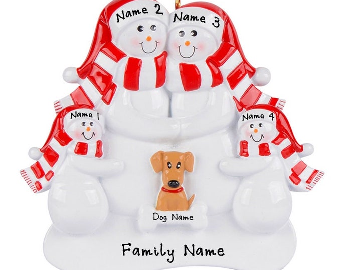 Personalized Family with Dog Ornament - Snowman Family of 4 With Dog First Christmas Ornament, Tan Dog Ornament With Name, New Dog Parents