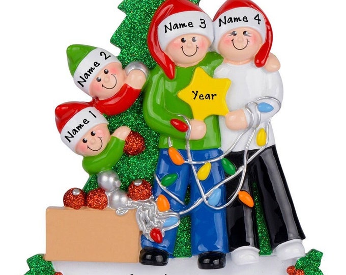 Personalized Decorating Tree Ornament - Family of 4 Christmas Ornament - Decorating Tree Family of 4 Personalized Family Christmas Ornament