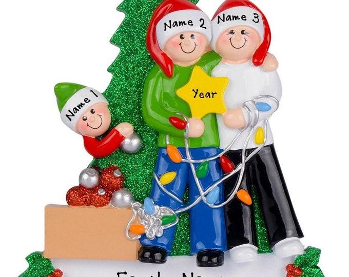 Personalized Decorating Tree Ornament - Family of 3 Christmas Ornament - Decorating Tree Family of 3 Personalized Family Christmas Ornament