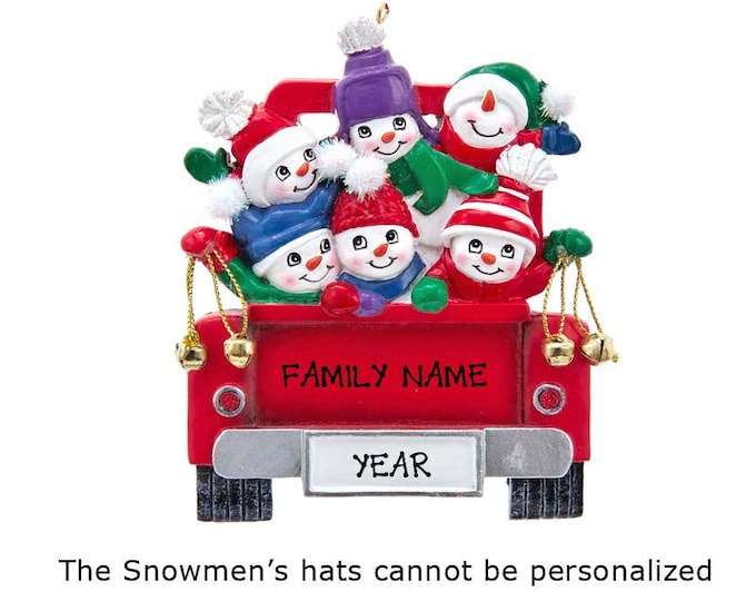 Snowman Ornament - Snowman Family of 6 In Red Pickup Truck Christmas Ornament - Snowman Family Personalized Christmas Ornament - 6 Grandkids
