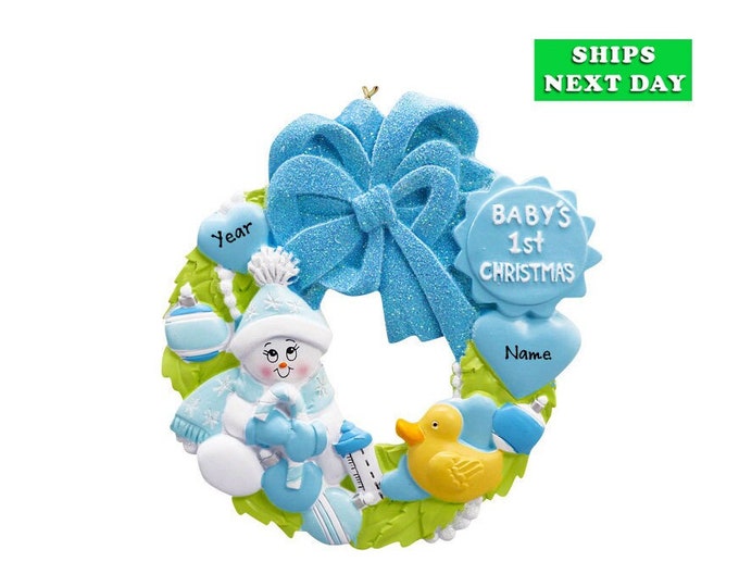 Baby First Christmas - Blue Baby Wreath Ornament - Baby Boy Personalized Ornament - Baby Ornament With Name - 2023 Baby Boy Keepsake Gift