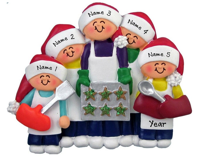 Baking Christmas Cookies - Personalized Family of 5 Baking Cookies - Family Christmas Ornament - Baking Christmas Cookies, Baker Ornament
