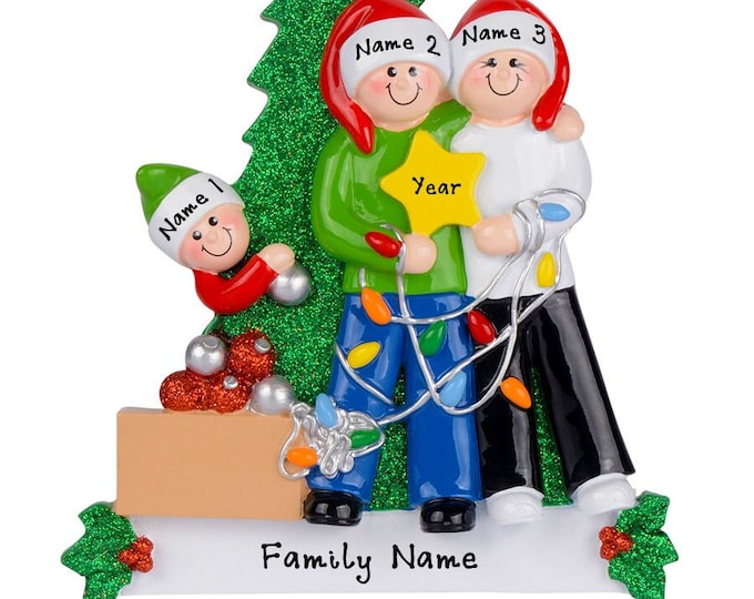 Personalized Decorating Tree Ornament - Family of 3 Christmas Ornament - Decorating Tree Family of 3 Personalized Family Christmas Ornament