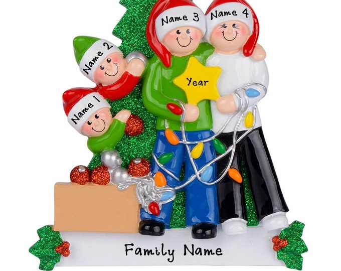 Personalized Decorating Tree Ornament - Family of 4 Christmas Ornament - Decorating Tree Family of 4 Personalized Family Christmas Ornament