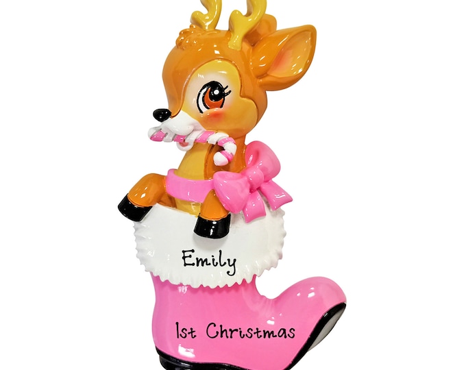 Personalized Baby Girl's 1st Christmas Ornament - Pink Baby Girl's First Ornament - Reindeer Christmas Ornament With Name - Custom Baby Gift