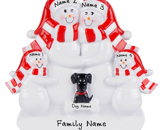 Personalized Family with Dog Ornament - Snowman Family of 4 With Dog First Christmas Ornament, Black Dog Ornament With Name, New Dog Parents