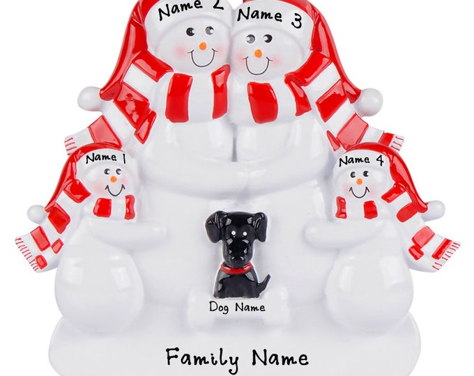 Personalized Family with Dog Ornament - Snowman Family of 4 With Dog First Christmas Ornament, Black Dog Ornament With Name, New Dog Parents