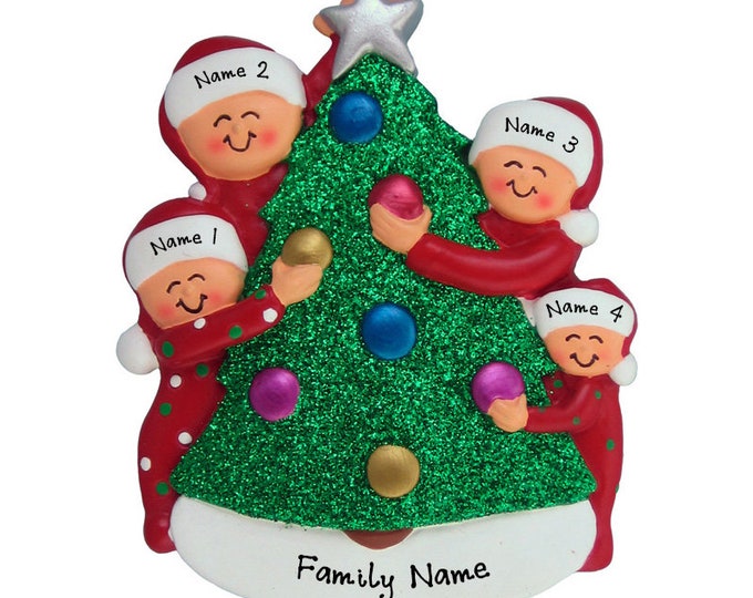 Personalized Decorating Tree Ornament - Family of 4 Christmas Ornament - Decorating Tree Family of 4 Personalized Family Christmas Ornament