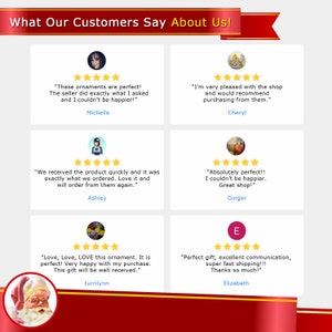 May include: A collage of customer reviews with five-star ratings and positive comments about a shop. The reviews highlight the quality of the products, the speed of shipping, and the excellent customer service. The reviews are displayed on a red and gold background with a Santa Claus illustration.