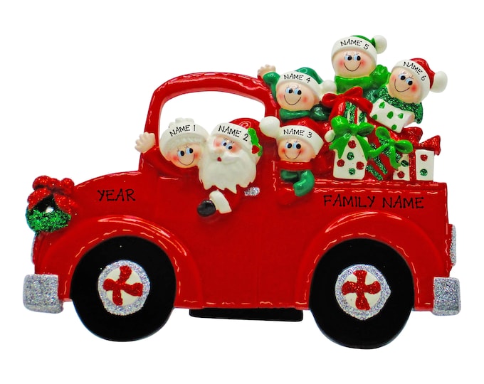 Red Pickup Truck Ornament - Family of 6 Personalized Ornament - Family Christmas Ornament - Tabletop Decoration - Gift For Grandparents