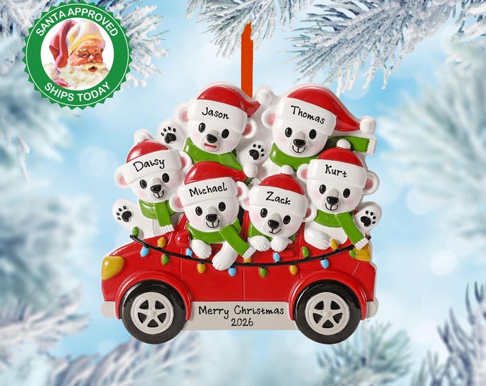 Personalized Polar Bear Family of 6 Ornament – Custom Red Truck Christmas Ornament with Lights – Holiday Gift