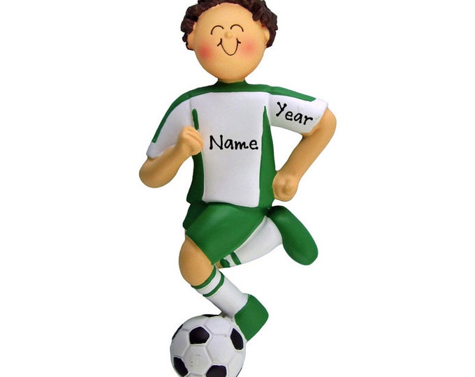 Personalized Soccer Player Boy Christmas Ornament - Soccer Brunette Boy Ornament - Soccer Player Green Uniform - Custom Soccer Ornament