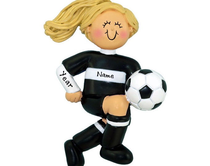 Personalized Soccer Girl Christmas Ornament - Blonde Girl Soccer Ornament - Soccer Player Black Uniform - Custom Soccer Gifts For Girls